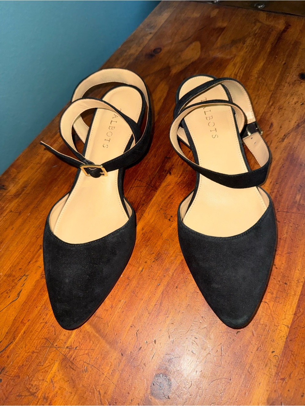 Talbots Black Suede Pointed-Toe Ankle-Strap Heels Sz 8